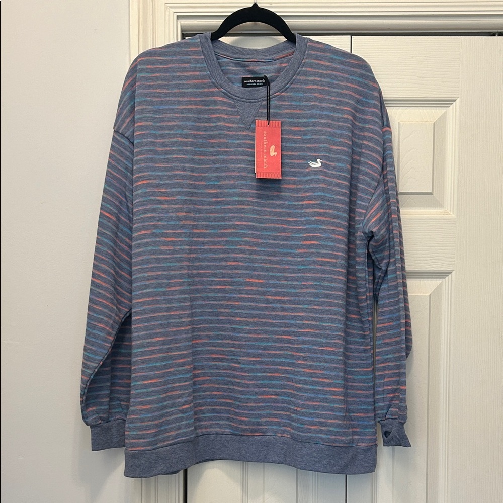 Southern Marsh Blue and Coral Striped Women's Sweater